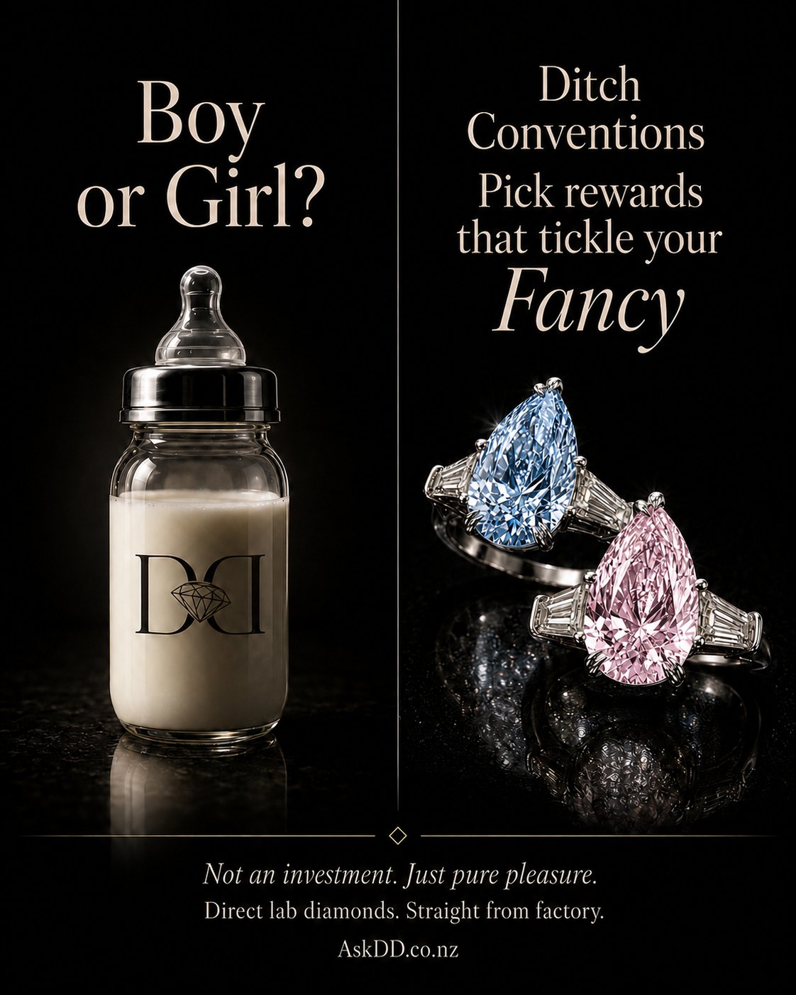 Boy or girl? Ditch conventions—pick rewards that tickle your Fancy. A DD baby bottle beside fancy blue and fancy pink pear diamonds