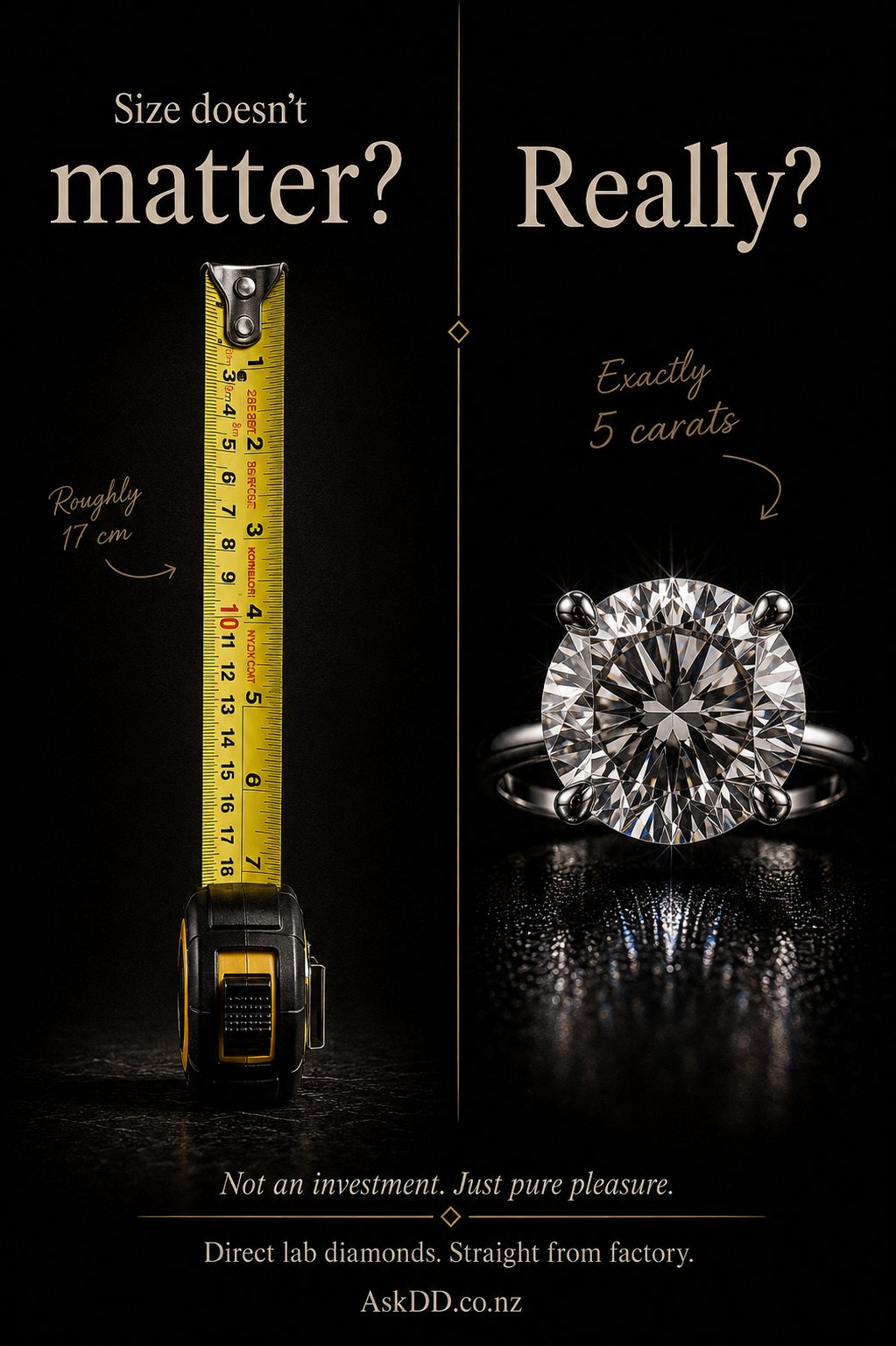 Campaign poster: size doesn't matter? Really? A tape measure at roughly 17 cm beside a ring at exactly 5 carats