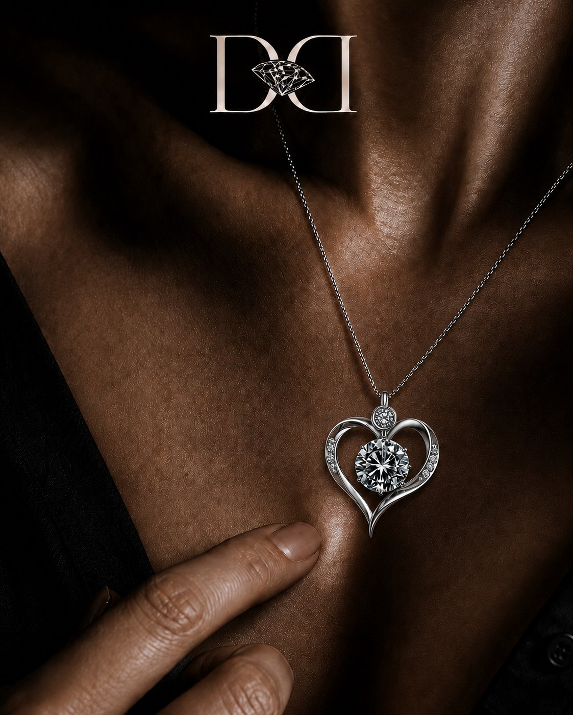 Heart pendant with a laboratory-grown diamond, worn